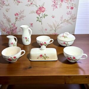 VTG Nasco Moss Rose Floral Tea Set Creamer Sugar Cups Butter Dish Salt Shaker
